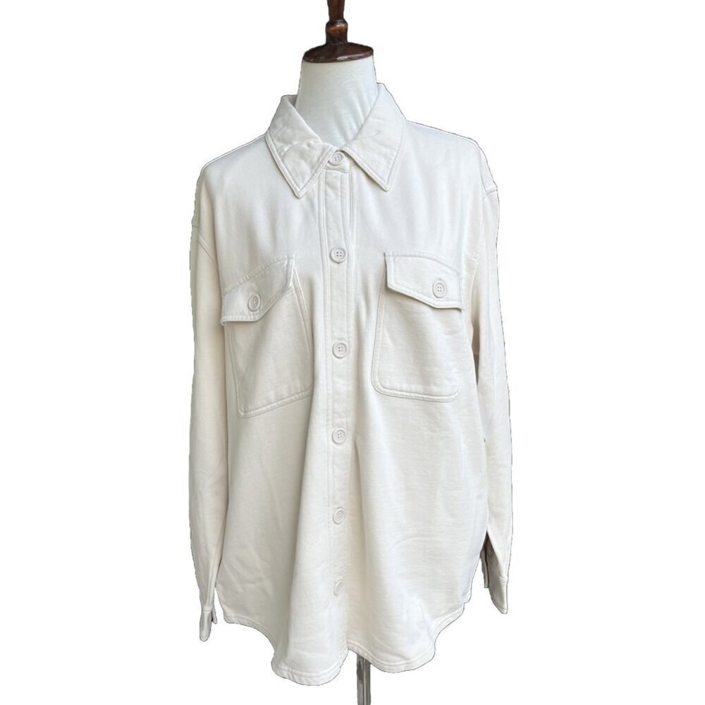 GSO235 Good American Cotton Fleece Shacket Shirt Jacket Size 3/4 Bone - Picture 2 of 14